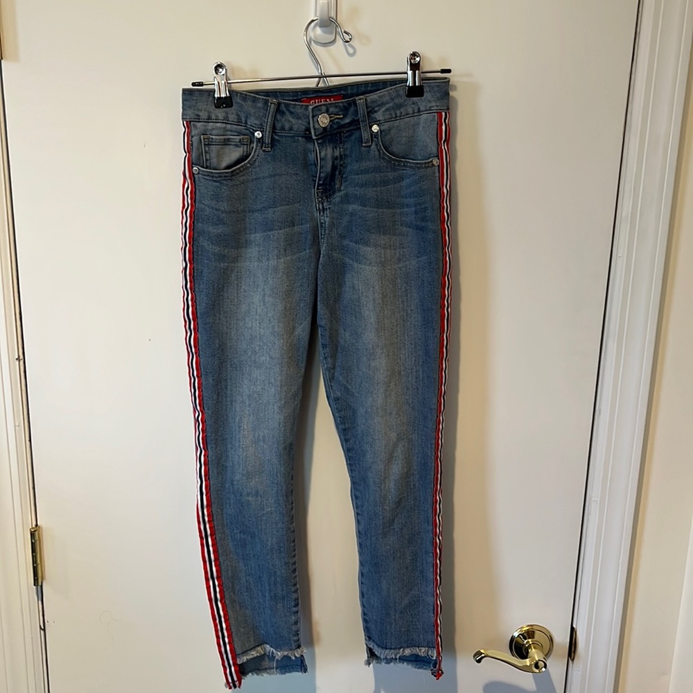 Guess Jeans size 25 with red/black/white stripe detailing on sides